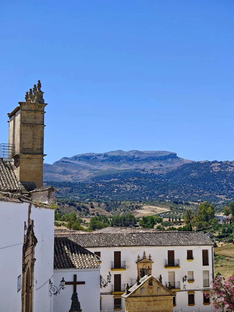 View over the rooftops of Ronda to the mountains